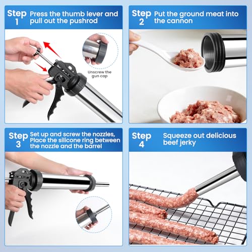 2.1 LB Professional 304 Stainless Steel Jerky Gun Kits, Sausage Stuffer, Jerky Maker, Jerky Shooter, Beef Jerky Making Gun with 5 Nozzles, 1 meat pusher and 5 Cleaning Brushes - Thumbnail 3
