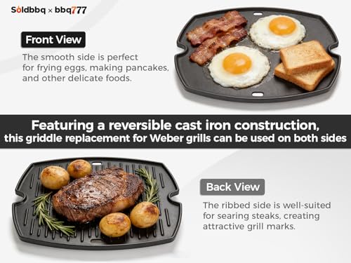 Image of 7583 Reversible Griddle Plate Replacement Parts for Weber Q2200 Q2000 Q2400 Q200 Q220 Q240 Cast Iron Flat Top Griddle Insert Plate for Weber 396000 566001 566002