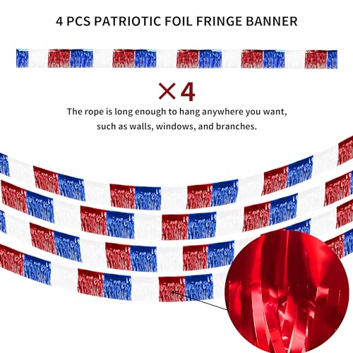 Image of 4 Packs 10 Feet Long Foil Fringe 4th of July Garland Memorial Day USA Red White Blue Independence Day Tinsel Metallic Patriotic Wall Hanging Banner for Car Parade Floats Garden Decorations