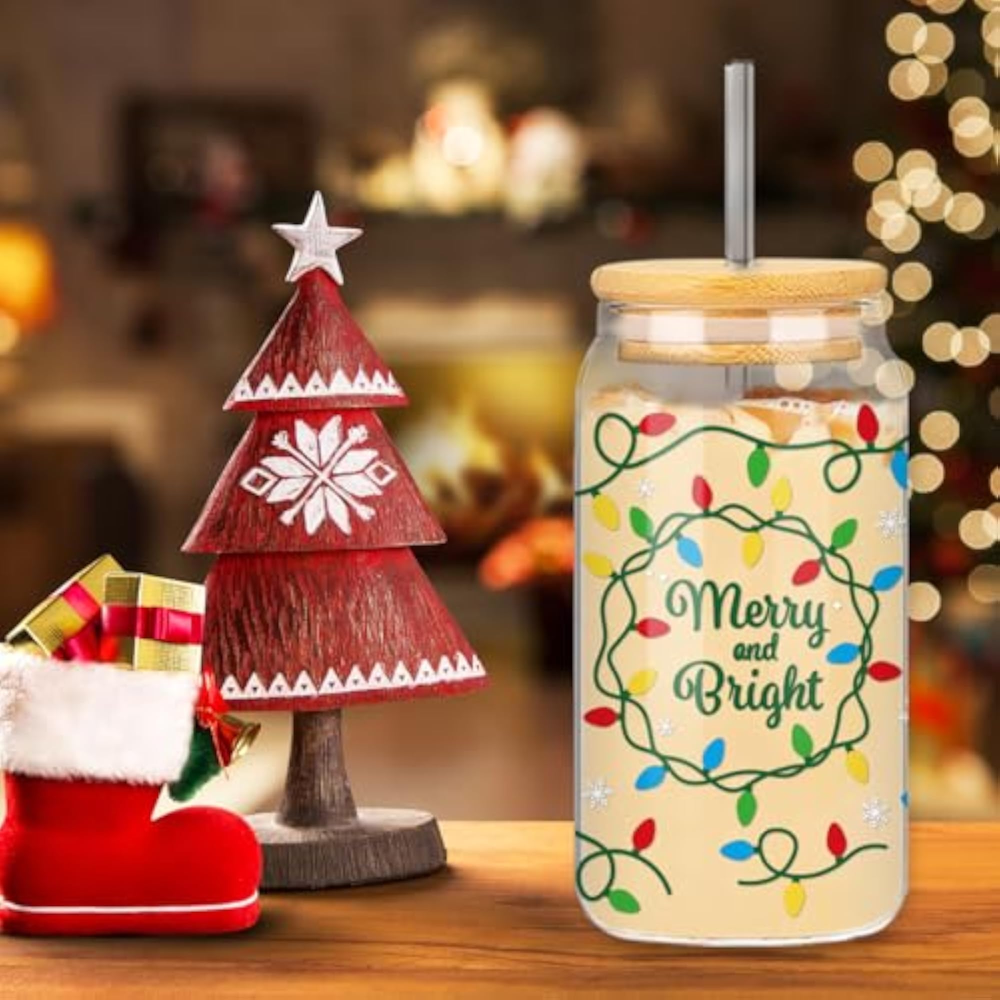 Christmas Iced Coffee Cup Set of 2, Colorful Light Bulb Design
