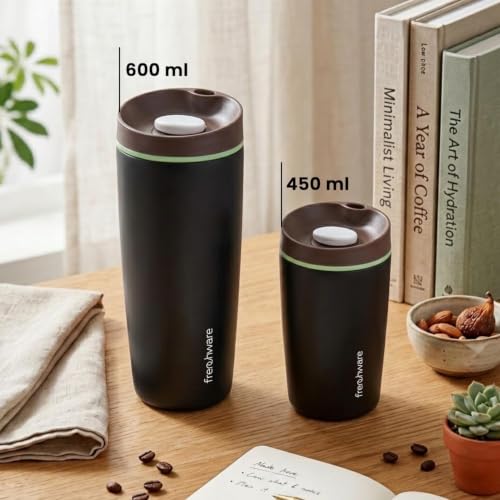 Image of Frenchware AeroMug Insulated Stainless Steel Coffee Tumbler, 450 ml | Smooth Sip Slider, Reusable, Hot & Cold Coffee Travel Mug, Carbon Black