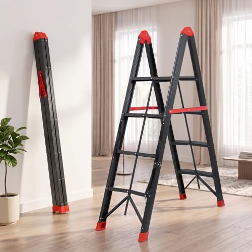 Image of Plantex Ladder for Home 4 Steps /Foldable Heavy-Duty A-Frame Step Ladder /Home, Office & Warehouse - (Red & Black,150 kg Capacity)