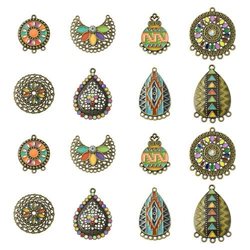 Stiesy 16 Pcs 8 Styles Bohemian Style Connector Charms with Enamel Teardrop Flat Round Moon Tibetan Chandelier Component Links for DIY Jewelry Making Decor