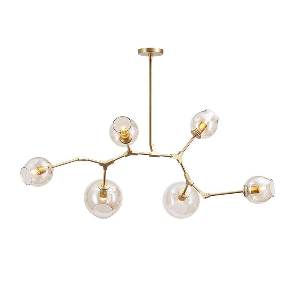 KXEcoLife Foldable Chandelier Mid Century Antique Brass E27 Branches Chandeliers Ceiling Light Fixtures,Sputnik Modern Bubble Glass Pendant Light-Clear Lampshade 6 Head