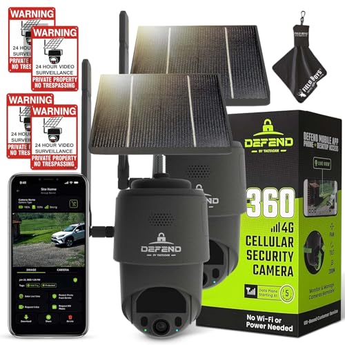 TACTACAM Defend 360 Cellular Security Camera 4K Photos 1080p Video Solar + Rechargeable Battery 360 Pan/Tilt/Zoom LTE Cellular Motion Alerts Weather Resistant Includes Warning Signs (2PK)