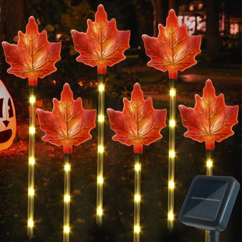 Mankinlu Fall Decor Solar Pathway Lights Outdoor Thanksgiving Decorations, 6 Pack Fall Leaves Solar Thanksgiving Maple Leaf Garden Stake Lights for Outside Patio Yard Wedding Party Autumn Decor