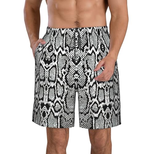 Black White Snake Skin Print Men's Swim Trunks Quick Dry Beach Shorts with Pockets Lining Swimwear Bathing Shorts