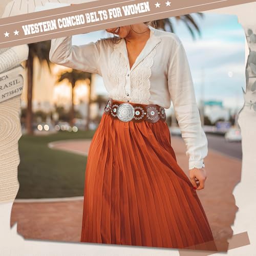 Image of XZQTIVE Western PU Leather Belts for Woman Concho Cowgirl Cowboy Disc Belt for Ladies Wide Boho Country Waist Belts for Dress