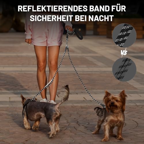 Doppelleine für 2 Hunde, Keine Verwicklung Leine für 2 Hunde, 360° Drehbare, Reflektierende Hundeleine mit Gepolsterten Griffen, Lauftraining für Kleine, Mittlere und Große Welpe (Schwarz, Mittel)