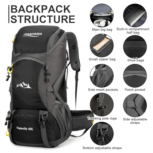 jianyana Hiking Backpack Waterproof 50L Foldable Rucksack Durable Lightweight Camping Bag with Rain Cover for Camping Trekking Hiking Walking Cycling Climbing Outdoor Sports for Women Men - Image 5