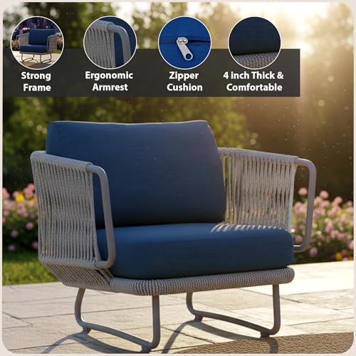 Image of Amazon Brand - Solimo Harbor Outdoor Rope Sofa Set | Balcony Sofa | Patio Conversation Sets | Braided Rope Garden Sofa Set and Table (5 Seater- Grey+ Navy Blue)
