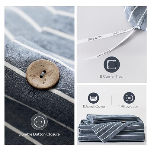 Image of JELLYMONI Cotton Duvet Cover Twin XL Size - Blue Pinstriped Comforter Cover with Button 100% Washed Cotton 2PCS Breathable Soft Solid Bedding Set Duvet Cover 66x92in & 1 Pillowcase (NO Comforter)