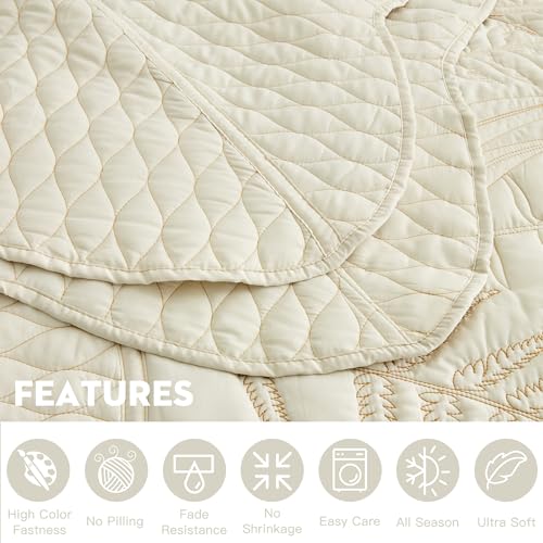 Image of Bedspread oversized,King 120x118,Beautiful Leaf Stitching,5 PC, Ivory