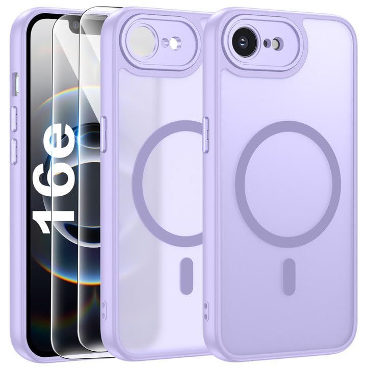 FLLAO Cover Magnetica per iPhone 16e Custodia e 2 Pellicole in Vetro Temperato, Cover iPhone 16e Compatibile con Magsafe, Traslucida Opaca Posteriore Sottile Antiurto Protettiva Case, Viola