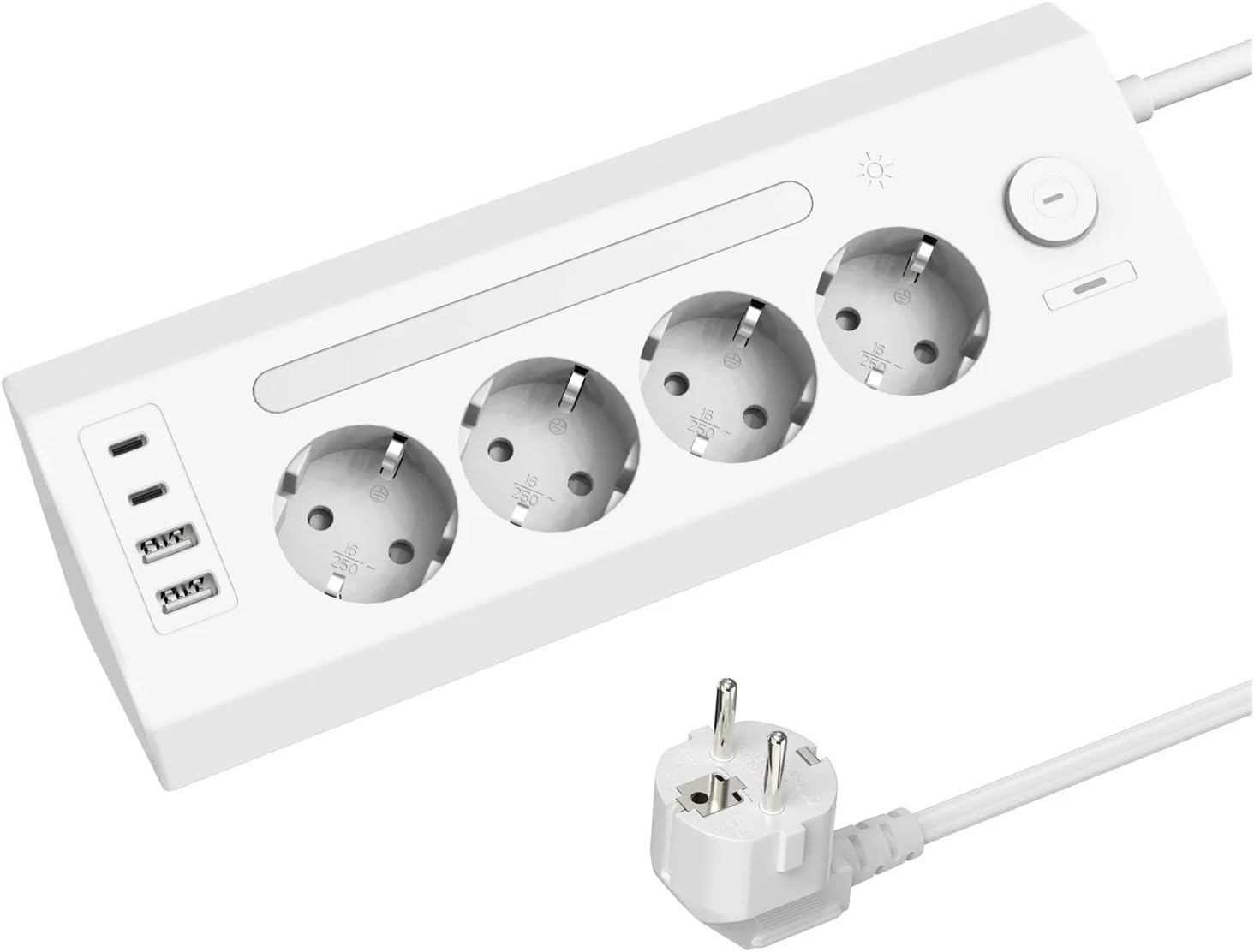 8-in-1 EU Socket Board with 2USB+2Type-C+ Control Switch, 1.8-Meter Extension Cord, and Night Light Adjustment Function(EU_250V_White)