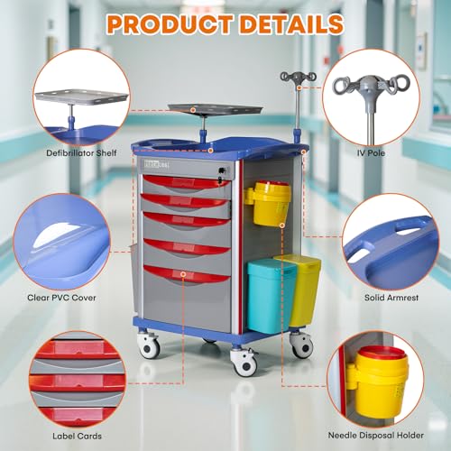 Image of 5-Tier Medical Cart with Wheels, Hospital Emergency Rolling Crash Carts with Adjustable IV Pole, Cardiac Board, O2 Holder, Power Strip, Trash Bin - Ideal Nursing Cart for Clinics, Hospitals