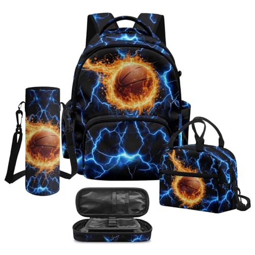 Semiouray Mochila de futebol para escola, bolsa de lápis infantil de lobo de 43 cm, mochila de dinossauro com lancheira para meninos, Basketball Fire Lightning