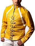 Noills Mens Faux Leather Yellow Freddie Jacket - British Concert Legend Pop Rock Star 80s Singer Wembley Jacket - Epaulettes Shoulder Multiple Strap Belt Motorcycle Jacket Outfit