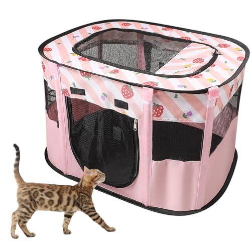 WAKERUG Foldable Pet Playpen, Portable Dog Cat Kennel Cage, Indoor/Outdoor Pop up Pet Tent Fence, Rectangle Delivery Room Pets Tent for Puppy Dog Kitten Cat, Pink WAKERUG Foldable Pet Playpen, Portable Dog Cat Kennel Cage, Indoor/Outdoor Pop up Pet Tent Fence, Rectangle Delivery Room Pets Tent for Puppy Dog Kitten Cat, Pink
