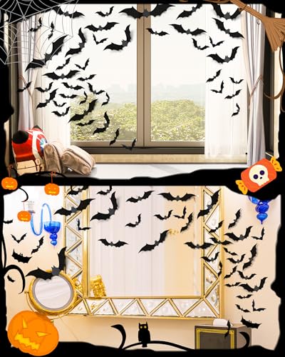 Image of 120 Pcs 3D Halloween Decorations Bats Decor,5 Sizes Bats Wall Decor Indoor | Scary Bat Stickers, Halloween Decorations for Bedroom Bathroom, Door Wall Party Decorations