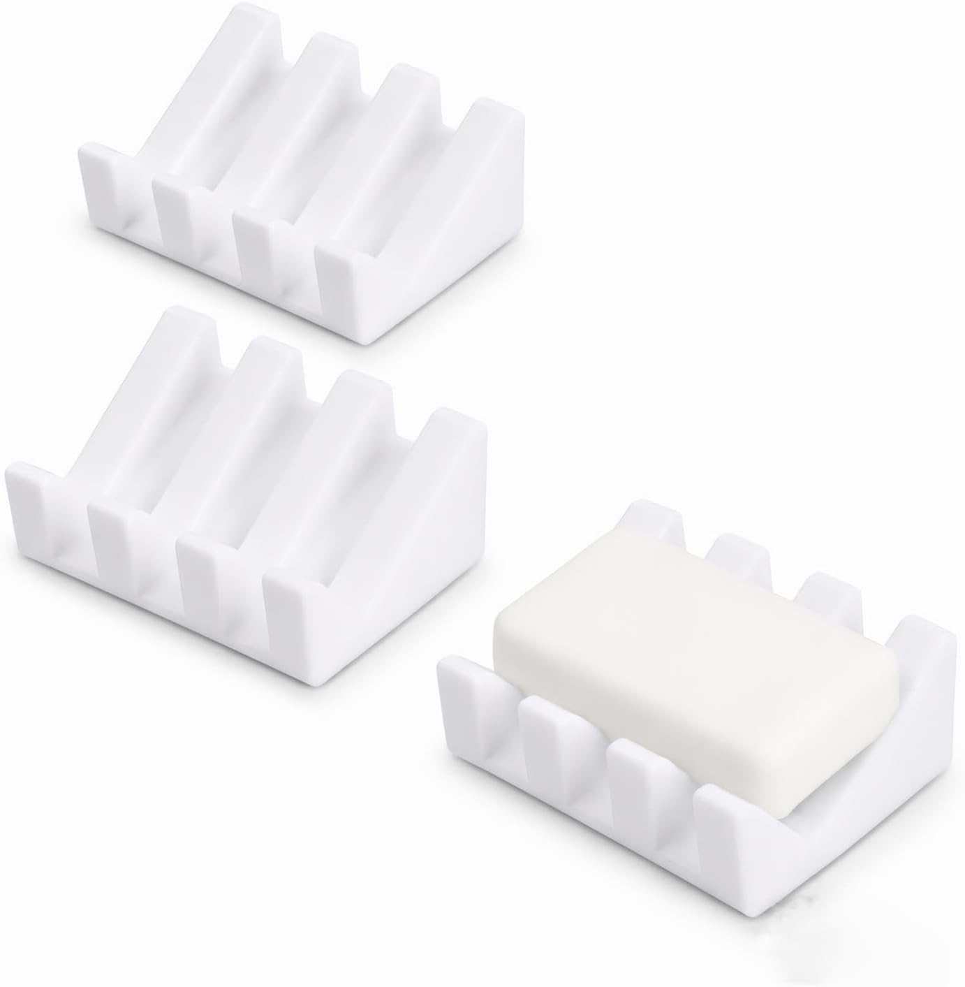 3Pcs Silicone Soap Dish for Shower, Self Draining, White