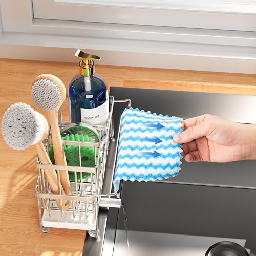 Image of Cisily Sponge Holder for Kitchen Sink, Sink Caddy Organizer with High Brush Holder, Kitchen Countertop Organizers and Storage Essentials, Rustproof 304 Stainless Steel (Silver with Towel Rack, 9.25″)