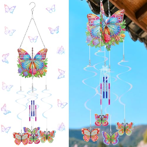 Starnearby DIY Diamond Painting Sonnenfänger Windspiele Set, 5D Doppelseitige Diamant Malerei Anhänger Set, Rotierender Windspiel Bastelset Hängende Ornamente für Fensterdeko (Schmetterling B)