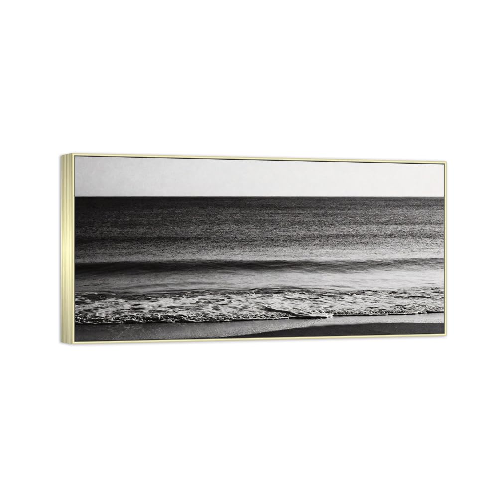 Sea Beach Black White Landscape Canvas Picture 60x120cm Silver Frame