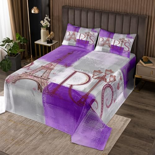 Homewish Couvre-Lit 260x240 Violet Retro Grunge, Dessus de Lit Tour Eiffel Paris, Couverture de Lit Contemporain Aquarelle, Jetés de Lit Abstraite Ombre Gris Blanc...