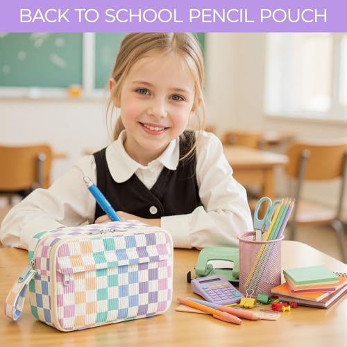 Image of WOBAGMEN Cute Pencil Case,Large Corduroy Zippered Pencil Case Pouch, aesthetic Pencil Bag with Compartments, Pencil Pouch School Supplies (Colorful checked)
