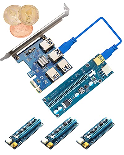 Pcie Riser Card 1to 4 with PCIE Riser 16X to 1X Express Adapter Set, USB 3.0 for Litecoin Mining Ethereum Bitcoin Crypto Coins Miner PCI Slot Extension GPU Riser