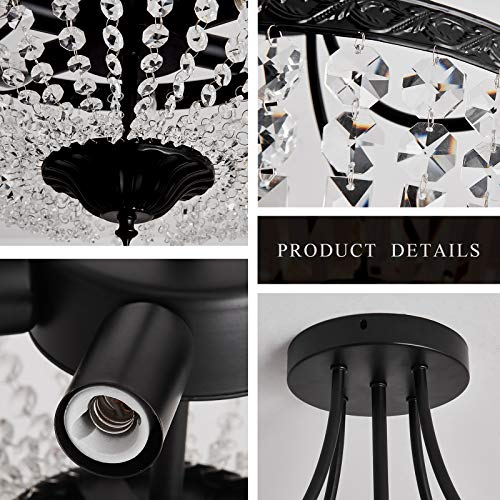 Yyjlx 5-Light E12 Round Crystal Ceiling Light Fixture Modern Semi Flush Mount Chandelier Ceiling Lamp For Living Room Dining Room Entryway Hallway Foyer Bedroom Laundry Bathroom（Black） #TOP5