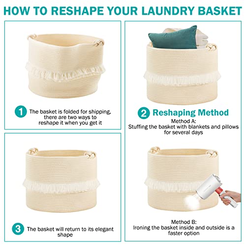 YOUDENOVA Wäschekorb aus Baumwolle Seil, Aufbewahrungskorb, Boho Deko Korb Geflochten, Wäschesammler mit Griffe, Spielzeug Aufbewahrung für Kinderzimmer 40x33cm beige - 8