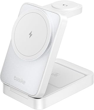 Basike Carregador Sem Fio 3 em 1 Magnético Dobrável Portátil Luz Noturna | Estação de Carregamento 2025, Compatível com MagSafe, iPhone