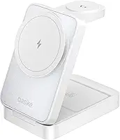 Basike Carregador Sem Fio 3 em 1 Magnético 2025, Estação de Carregamento Portátil com Luz Noturna, Dobrável e Compatível com MagSafe, iPhone 16/15/14/13/12, Apple Watch e AirPod (Branco)