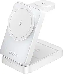 Basike Carregador Sem Fio 3 em 1 Magnético 2025, Estação de Carregamento Portátil com Luz Noturna, Dobrável e Compatível com MagSafe, iPhone 16/15/14/13/12, Apple Watch e AirPod (Branco)