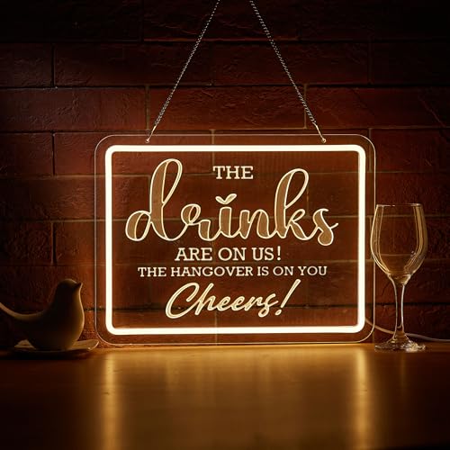 Image of Bar Neon Sign The Drinks Are On Us LED Signs The HanGover is On You Cheers Neon Light Gifts for Wedding Party Bars Pubs Neon Signs Decorations