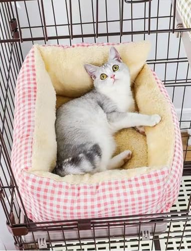 ペット マット ケージ用 猫 ベッド 落ちない 紐付き 紐で固定できる ふかふか 綿 リバーシブル 柔らか 洗える 犬 クッション 布団 ずり落ち防止 通年 (M,ピンク)