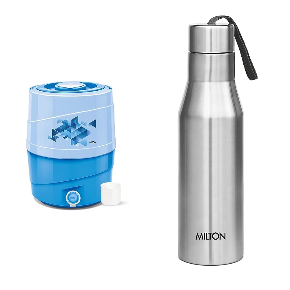 Milton New Kool Rover 22 Insulated Water Jug, 19 litres, Blue. & Milton Super 1000 Stainless Steel Water Bottle, 1000 ml, Silver