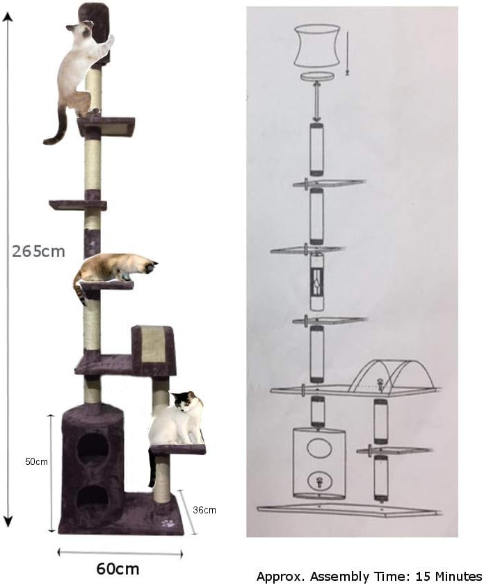 Lettuce Eat® 265 cm / 8.5 ft (approx) 5 platform 7 Sisal Poles Cat/Kitten Activity Play Tower Sisal Scratch Post (ys130764)