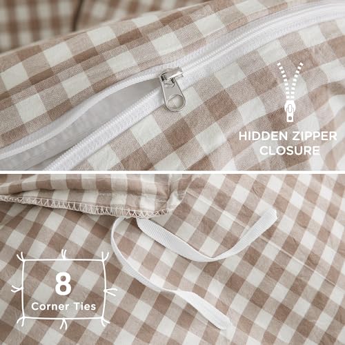 Image of TOCOMOA Tan Gingham Duvet Cover Bedding Set 100% Washed Cotton Like Linen Feel Super Soft Comfy 3 Piece Brown Vintage Plaid Checkered Fall Comforter Cover Set (Queen 90 inchx90 inch, Comforter Not Included)