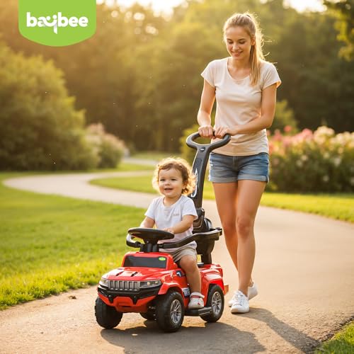 Image of Baybee Speedy Pro Baby Ride on Car for Kids with Parental Handle | Portable Kids Car with LED Lights, Music, Backrest & Basket | Toy Rideons Jeep | Toddler Push Baby Cars for 1 to 3 Years (Red)