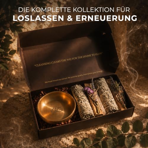 Anima Premium Räucherset – Weißer Salbei Räuchern, Palo Santo Räucherholz, Bergkristall & Selenit mit Räucherschale für Kristalle & Hausreinigung, Meditation & Manifestation