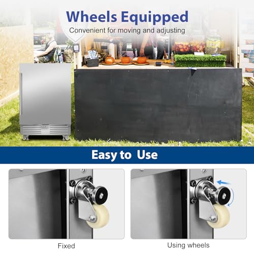 Image of Outdoor Refrigerator 24 Inch, Undercounter Beverage Fridge with Wheels, 180 Cans Waterproof Stainless Steel Fridge for Outdoor Kitchen and Patio