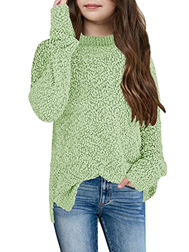 GAMISOTE Girl's Fuzzy Warm Sweater Crew Neck Chunky Side Slit Jumper Pullover Outwear Green