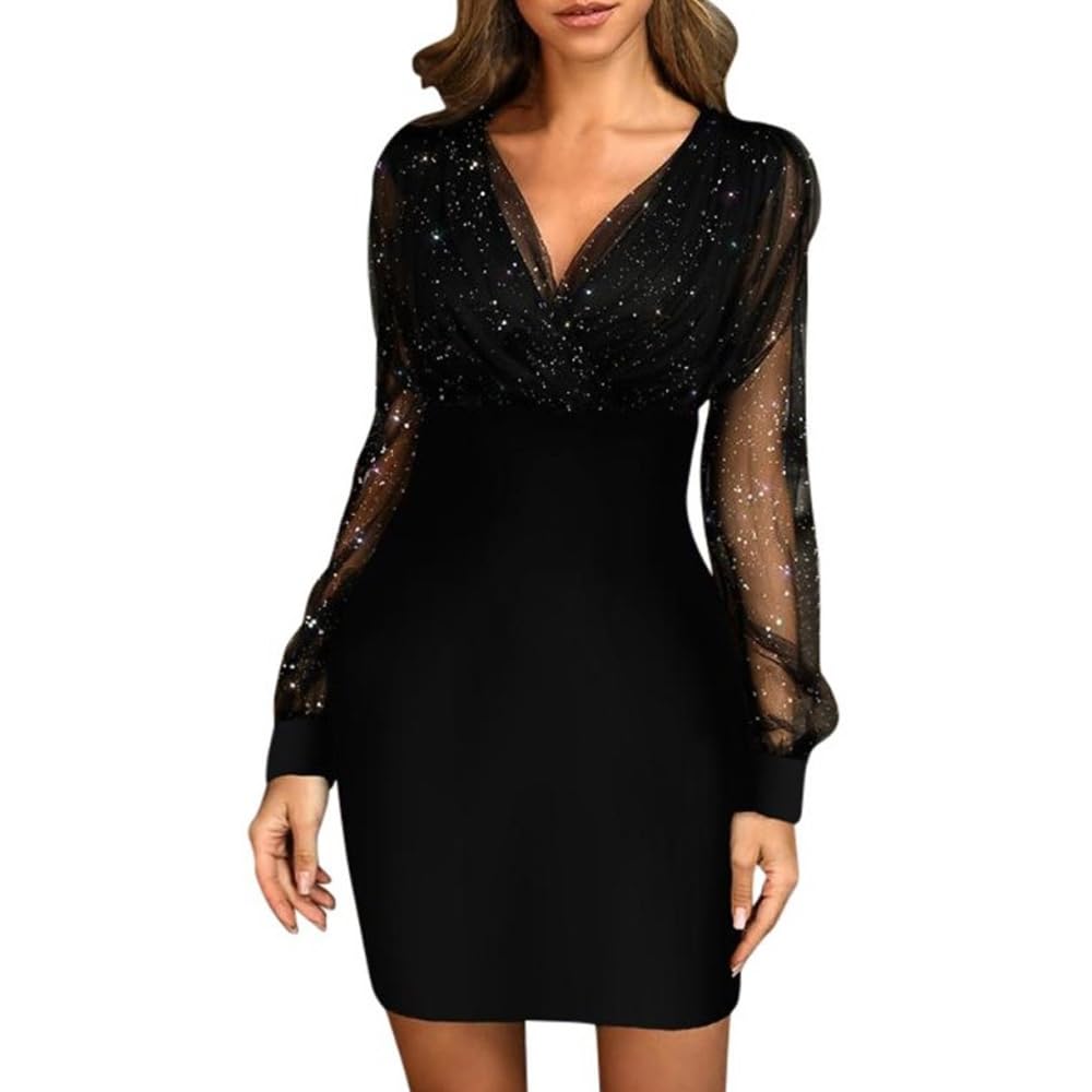 KBRPEY Vestidos Corto Manga Larga Mujer Vestidos de Fiesta Mujer Elegantes Mini Vestido de Encaje Cuello en V Dress Vestido de Lentejuelas Moda Sexy Vestidos