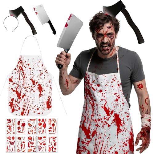 Leboria Déguisement Halloween Homme Femme – Set Horreur avec Tablier Ensanglanté, Faux Couteau, Serre-Tête Hache et 10 Tatouages Cicatrices – Accessoires Soirée à Thème, Cosplay, Carnaval, Fête