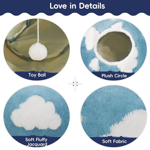 Image of Tempcore Flannel Cat Tunnel for Indoor Cats, 3 Way Collapsible Pet Play Tunnel with Teaser Wand, Peek Holes & Hanging Ball, Interactive Tube for Kittens & Rabbits, Blue Cloud
