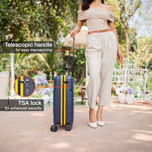 Image of Nasher Miles Cannes Hard-Sided Polypropylene Cabin Luggage 20 inch | 55cm | 8 Wheels Small Trolley Bag for Travel | Suitcase (Navy Blue Yellow)