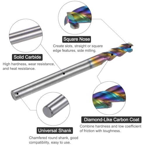 Image of uxcell Carbide Square End Mill, 1 /8 inch Diameter Diamond-Like Carbon Coated 3 Flutes Milling Bit Cutter, for Aluminum Copper Non-Ferrous Metal, 1 /8 inch Shank 3 /8 inch Cut Length 1-1 /2 inch Long HRC50